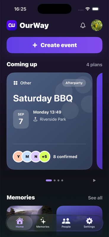 OurWay Home screen with a Saturday BBQ event, confirmed guests and memories