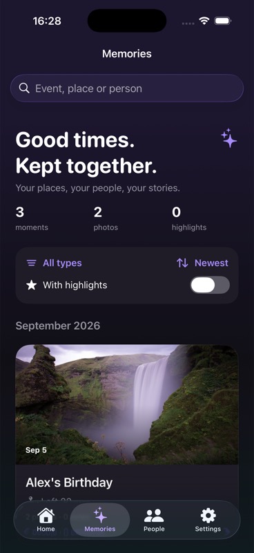 OurWay Memories screen with a saved event, photo cover, search and filters